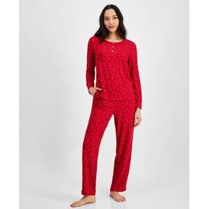 Charter Club Women’s 2-Pc. Printed Long-Sleeve Packaged PJ Set,Ditsy Star Red M
